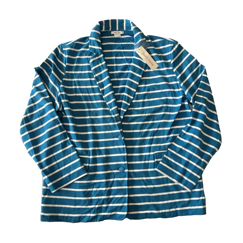 Joan Vass Striped Teal & White Blazer Jacket Coastal Nautical Women Size‎ 1X NEW